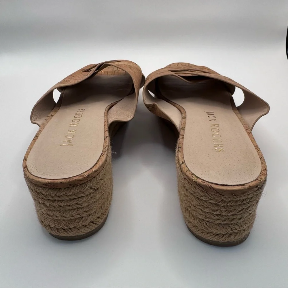 Jack Rogers Sloane Cork & Gold Wedge Espadrille Slip On Heeled Sandals Sz 10